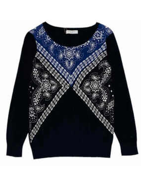 Women's Sandro Black Blue Bandana Print Crew Neck Cotton/Silk Sweater S